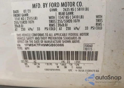 2021 Ford Explorer Limited из США, поврежденный, VIN 1FMSK7FH9MGB93086